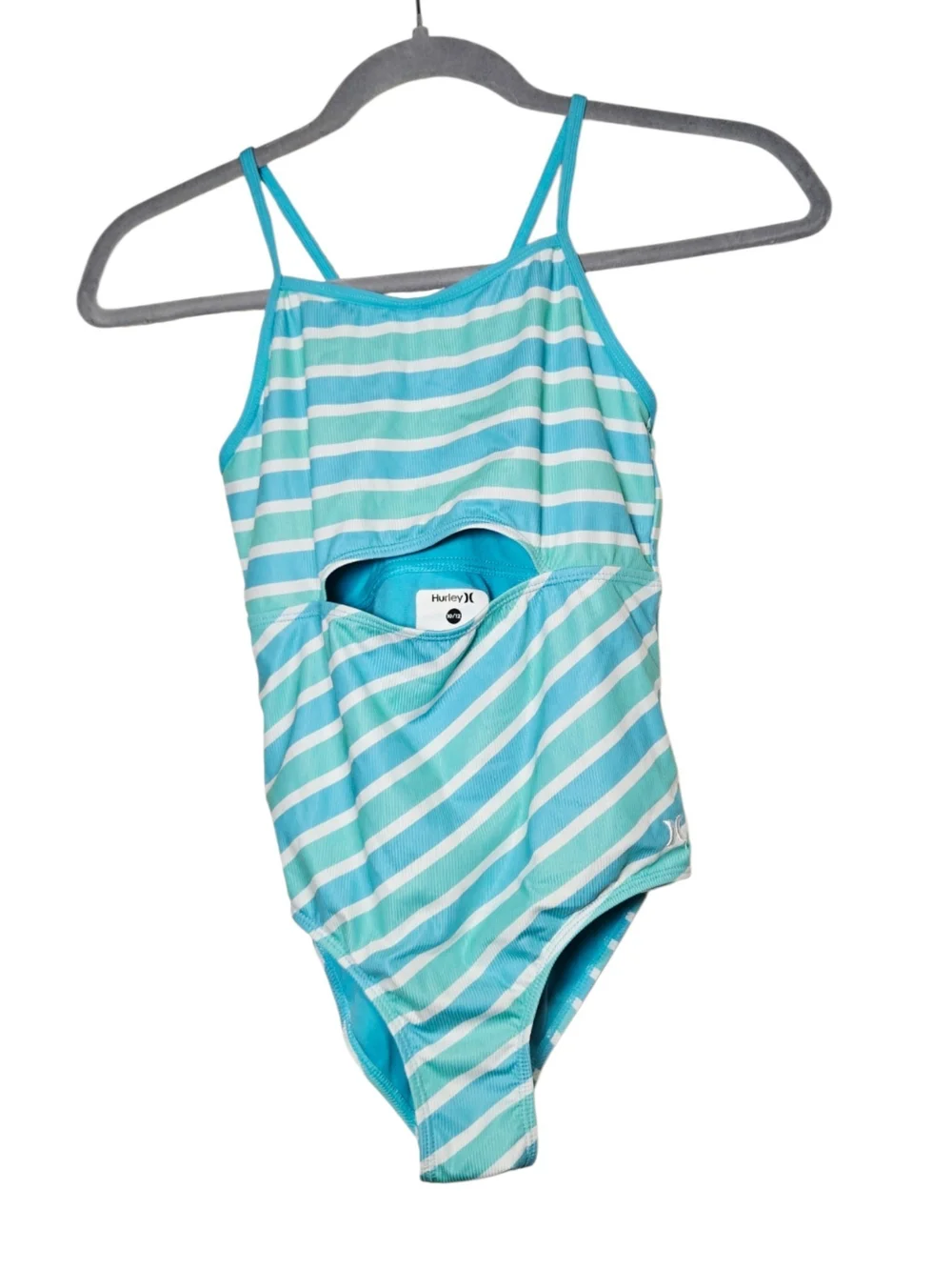 Hurley Girls Ribbed Cutout One Piece Swimsuit Turquoise Stripe UPF 50+ 10/12